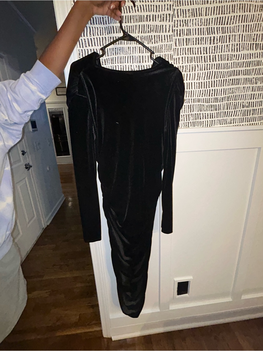 SHEIN Soft Black V neck Velvet Long-Sleeve Midi Bodycon Dress with shoulder pads